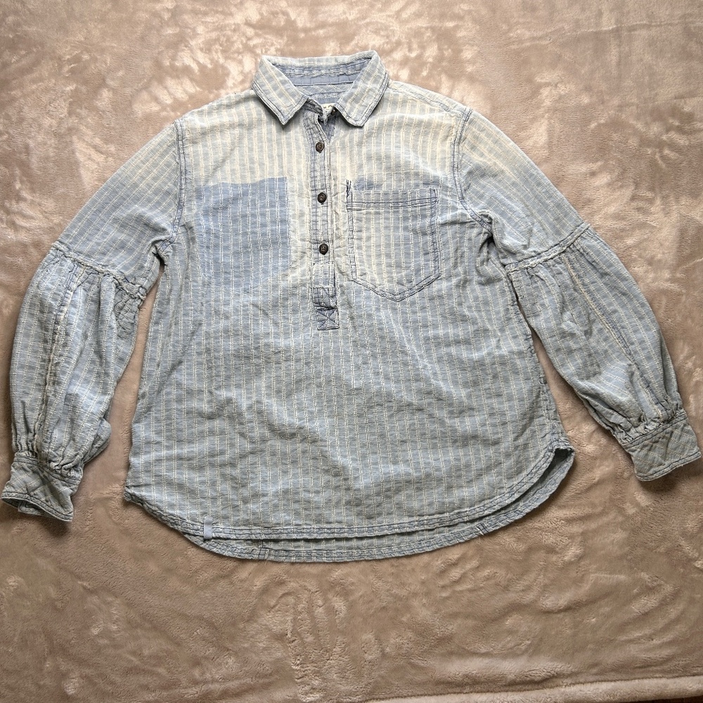 Free People Glacier Bay Printed Checked Distressed Blue Denim Tunic Small Boho